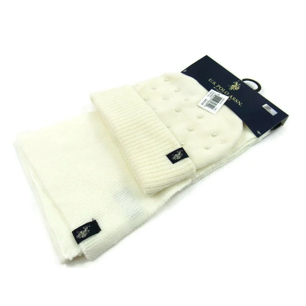U.S. Polo Assn. Women's Simulated Pearls Knit Hat & Scarf Set Ivory One Size New